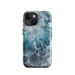 Blue ocean wave watercolor iPhone 15 case with MagSafe, glossy finish