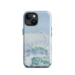 Turquoise blue wave ocean watercolor iPhone 15 case with MagSafe, glossy finish