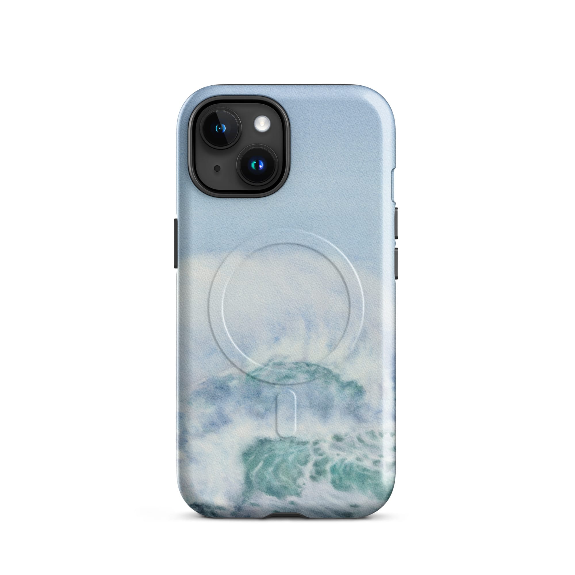 Turquoise blue wave ocean watercolor iPhone 15 case with MagSafe, glossy finish