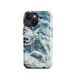 Deep blue turquoise ocean watercolor iPhone 15 case with MagSafe, glossy finish