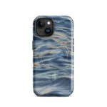 Blue grey ocean watercolor iPhone 15 case with MagSafe, glossy finish