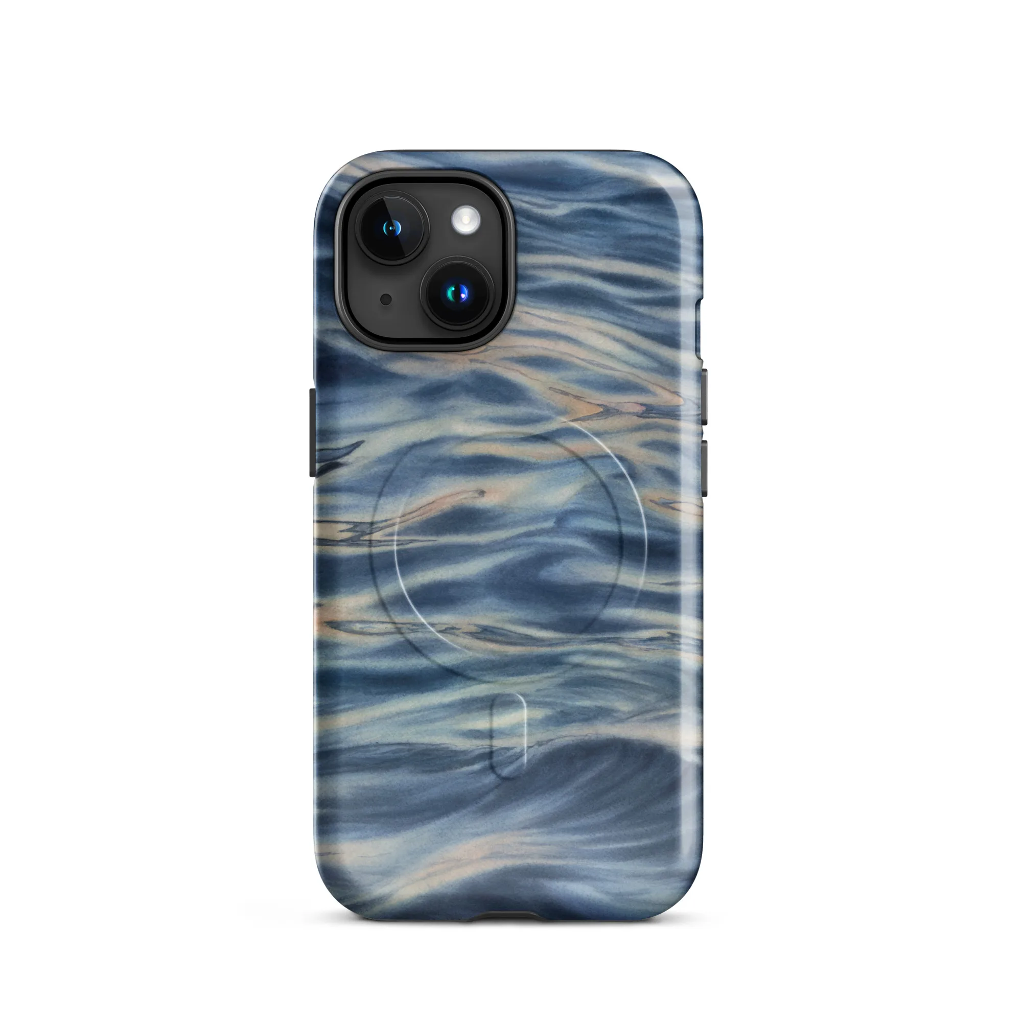 Blue grey ocean watercolor iPhone 15 case with MagSafe, glossy finish