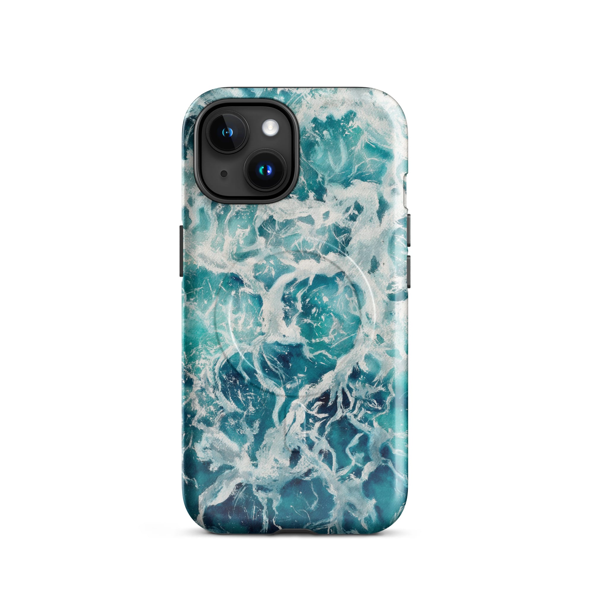 Blue green ocean watercolor iPhone 15 case with MagSafe, glossy finish