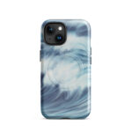 Blue ocean wave watercolor iPhone 15 case with MagSafe, glossy finish