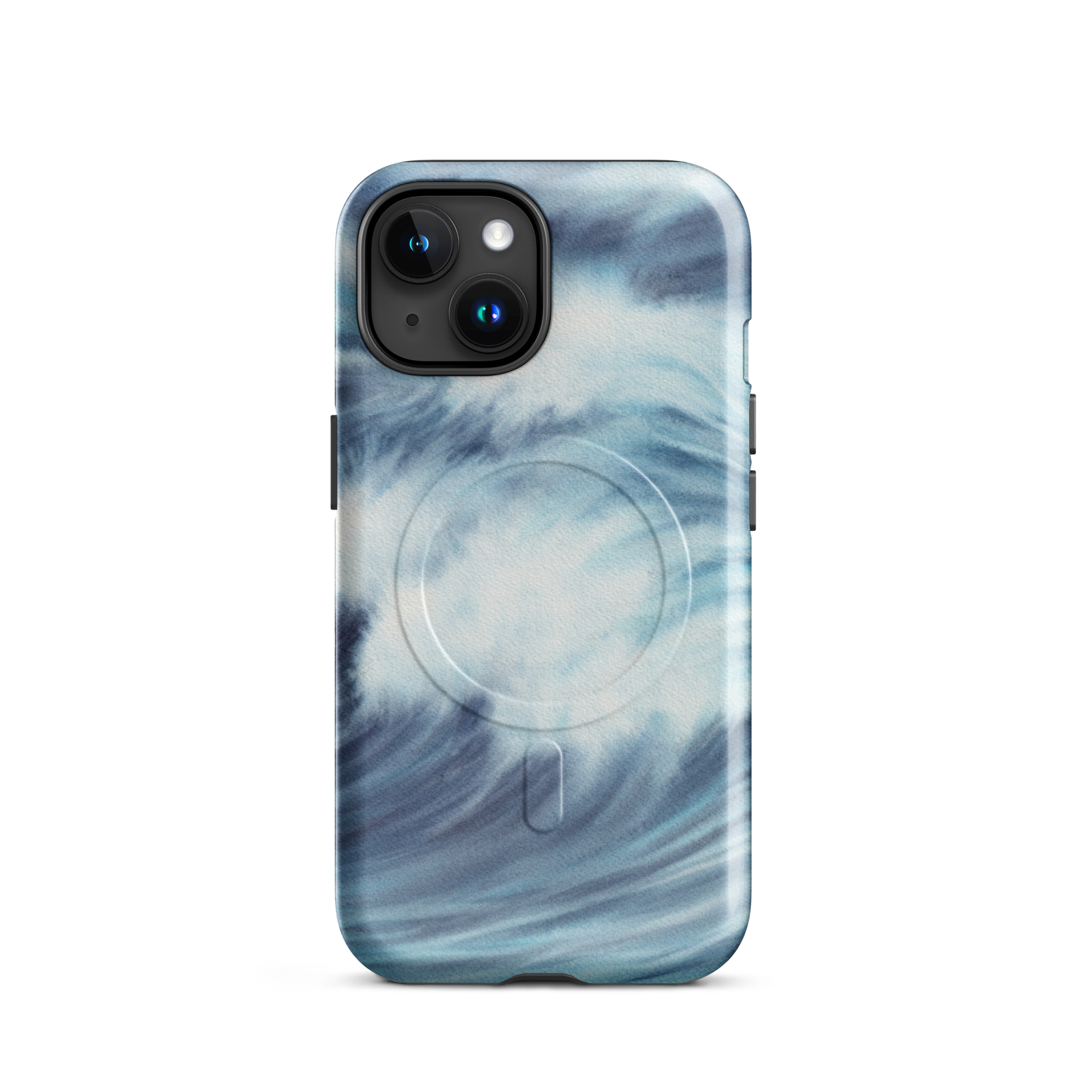 Blue ocean wave watercolor iPhone 15 case with MagSafe, glossy finish
