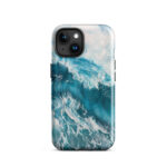 Turquoise blue ocean wave watercolor iPhone 15 case with MagSafe, glossy finish