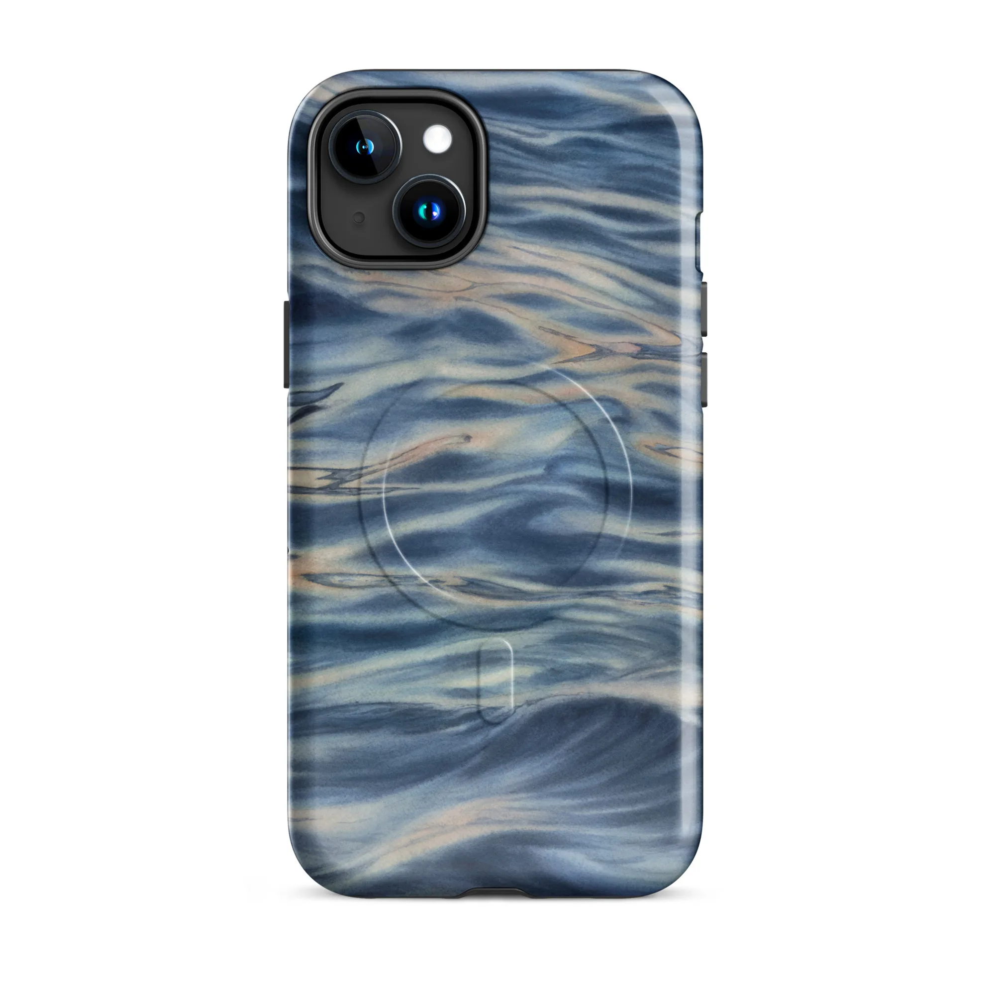Blue grey ocean watercolor iPhone 15 Plus case with MagSafe, glossy finish