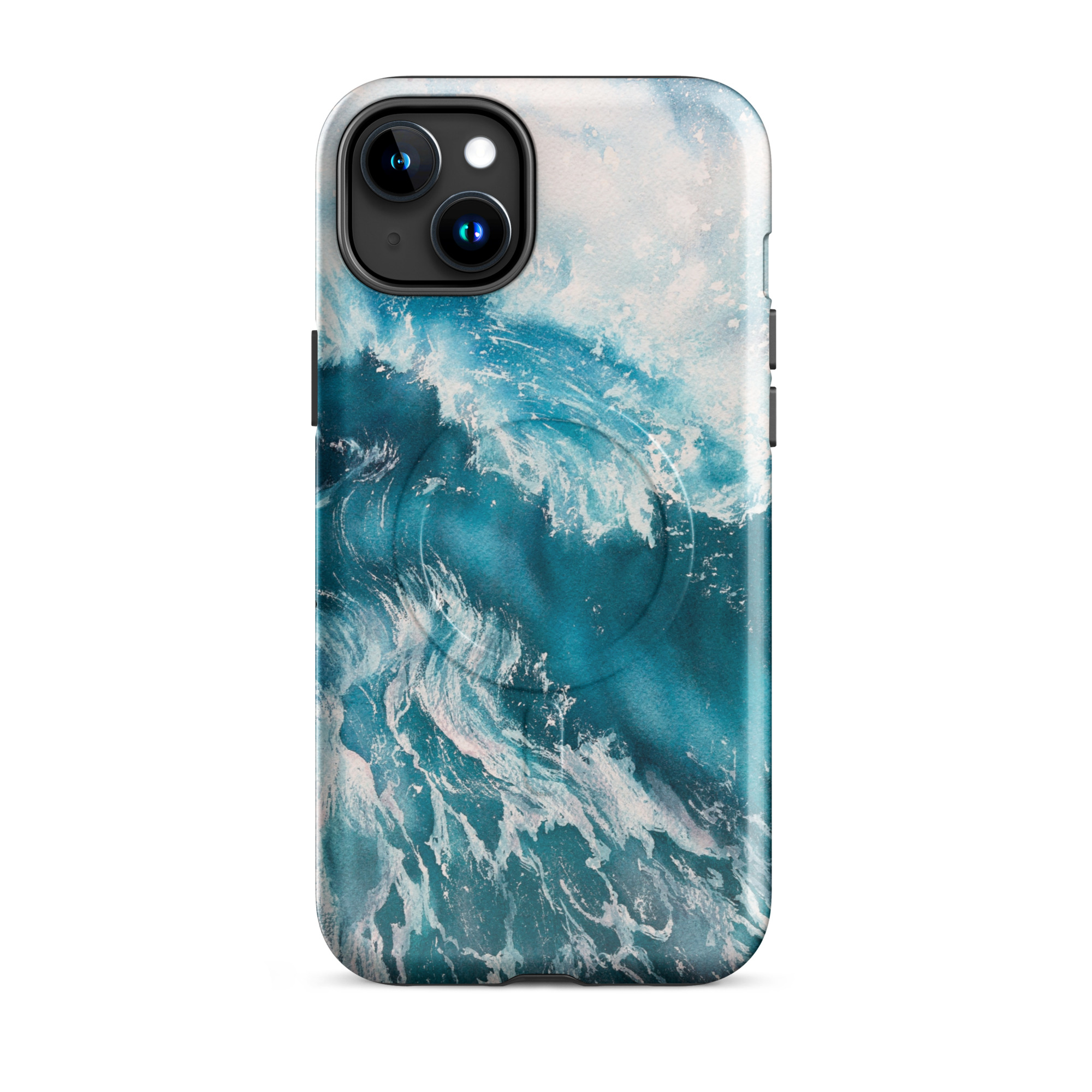 Turquoise blue ocean wave watercolor iPhone 15 Plus case with MagSafe, glossy finish