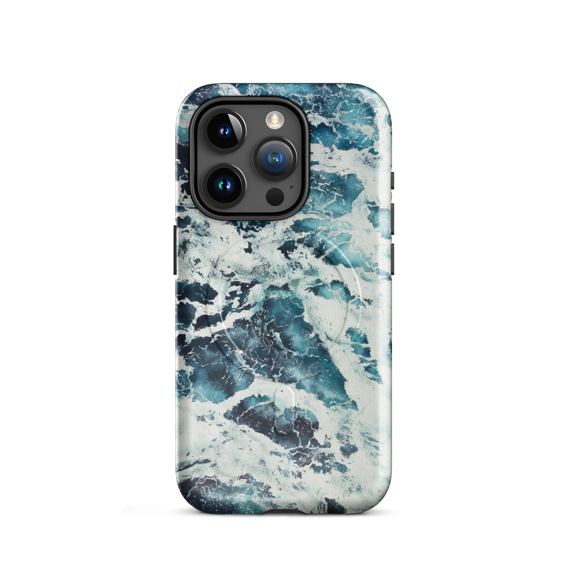 Deep blue turquoise ocean watercolor iPhone 15 Pro case with MagSafe, glossy finish