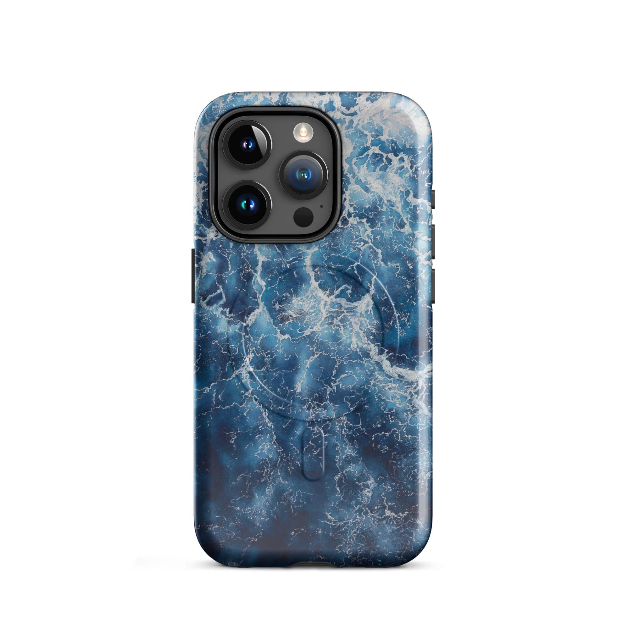 Deep blue ocean watercolor iPhone 15 Pro case with MagSafe, glossy finish
