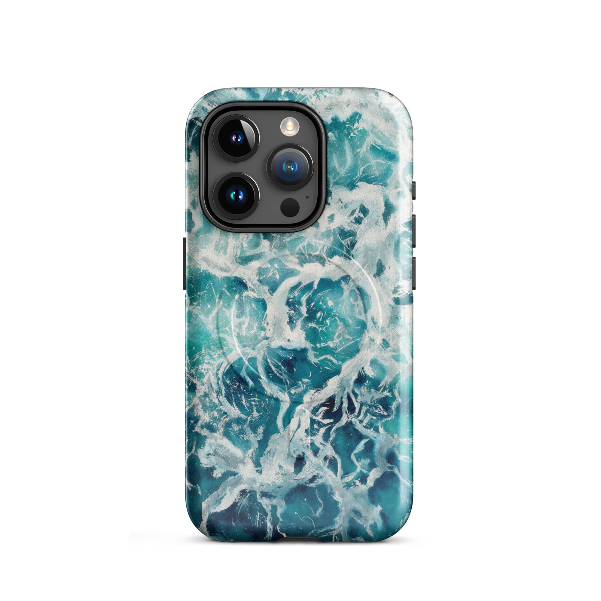 Blue green ocean watercolor iPhone 15 Pro case with MagSafe, glossy finish
