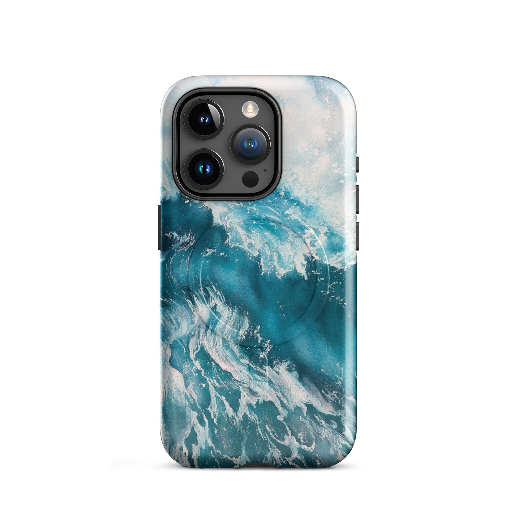 Turquoise blue ocean wave watercolor iPhone 15 Pro case with MagSafe, glossy finish