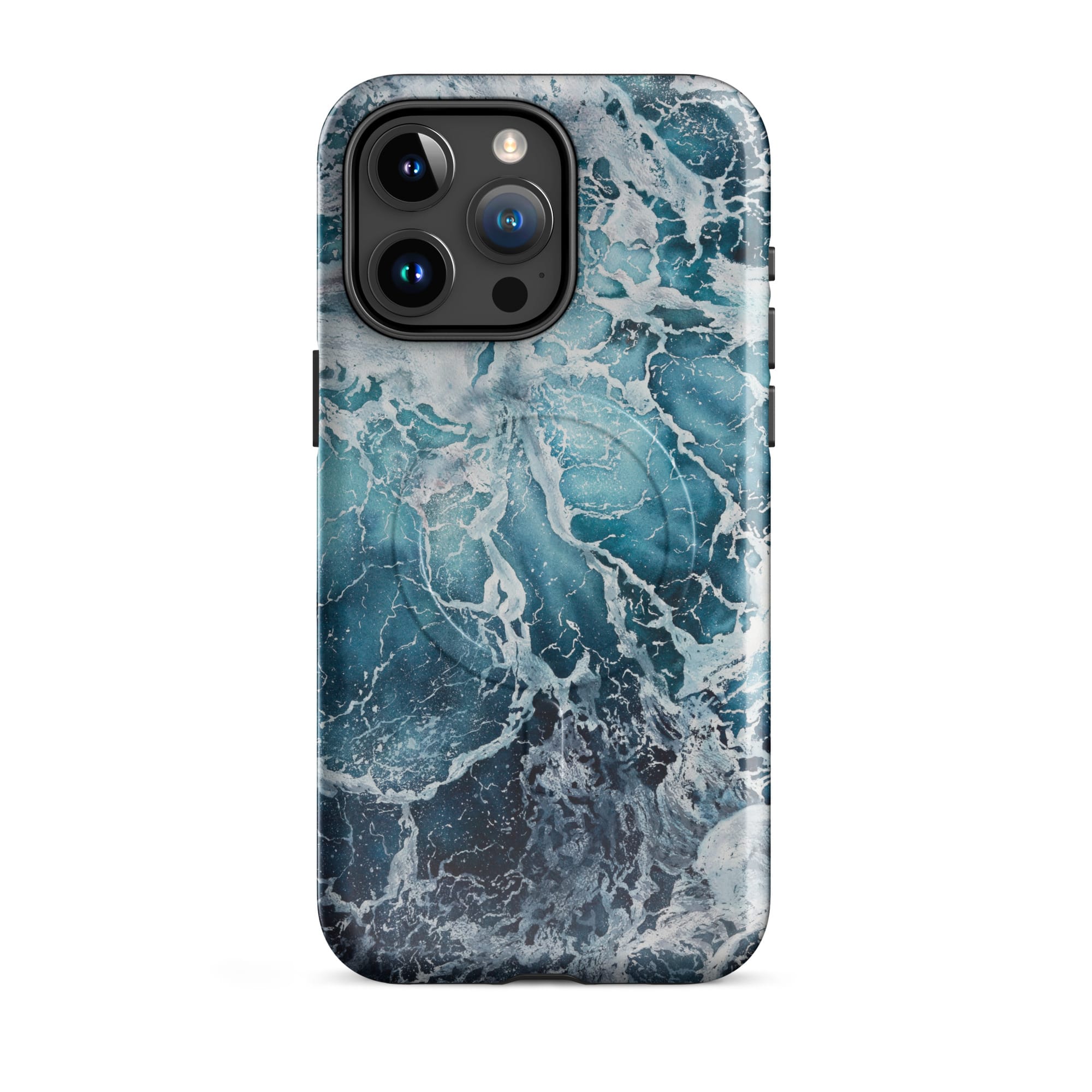 Blue ocean wave watercolor iPhone 15 Pro Max case with MagSafe, glossy finish
