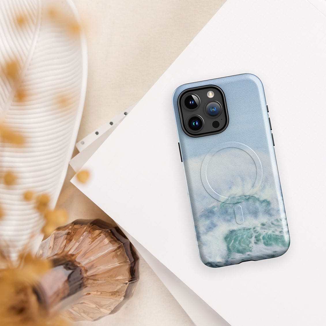 Turquoise blue sea wave watercolor artwork printed on a MagSafe iPhone case