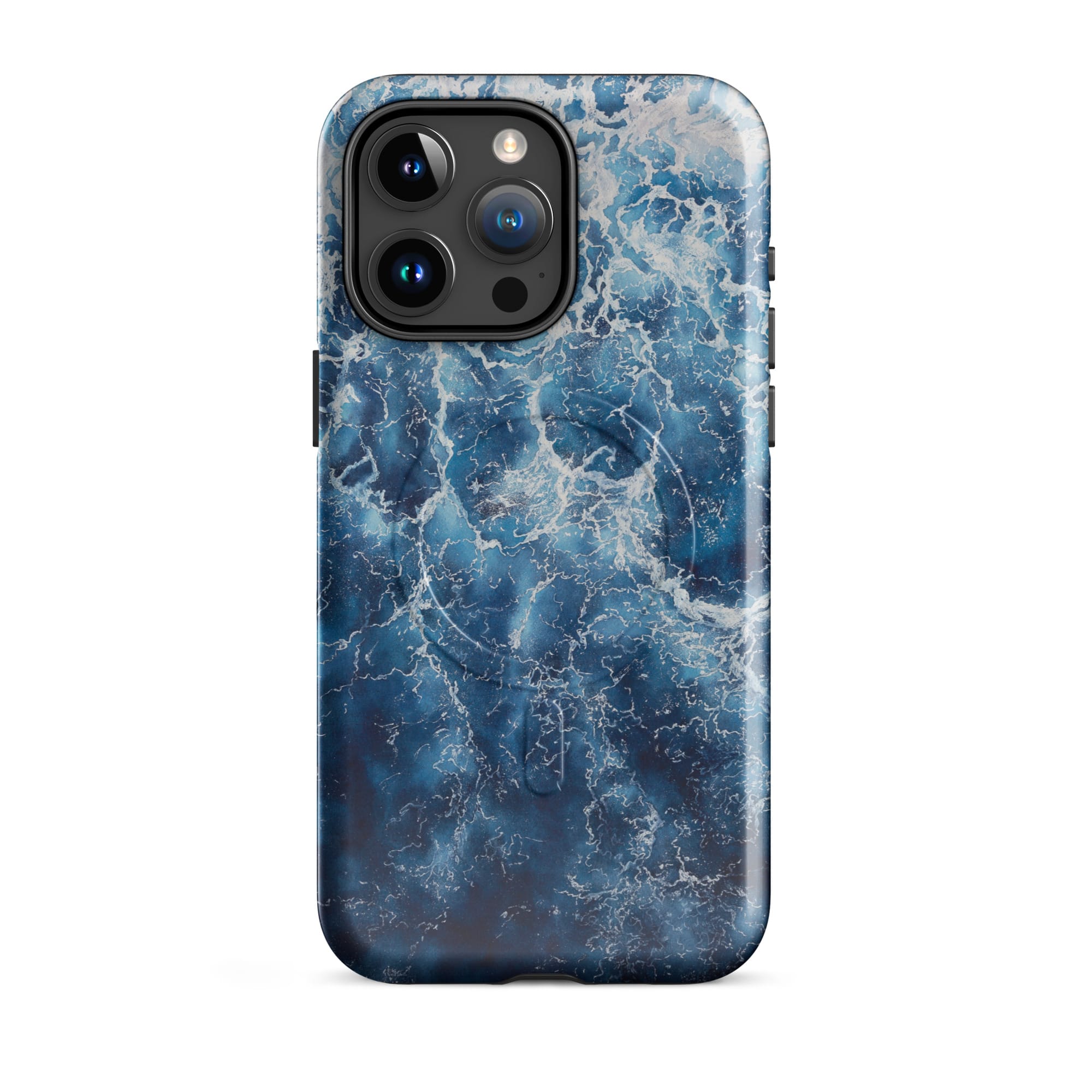 Deep blue ocean watercolor iPhone 15 Pro Max case with MagSafe, glossy finish