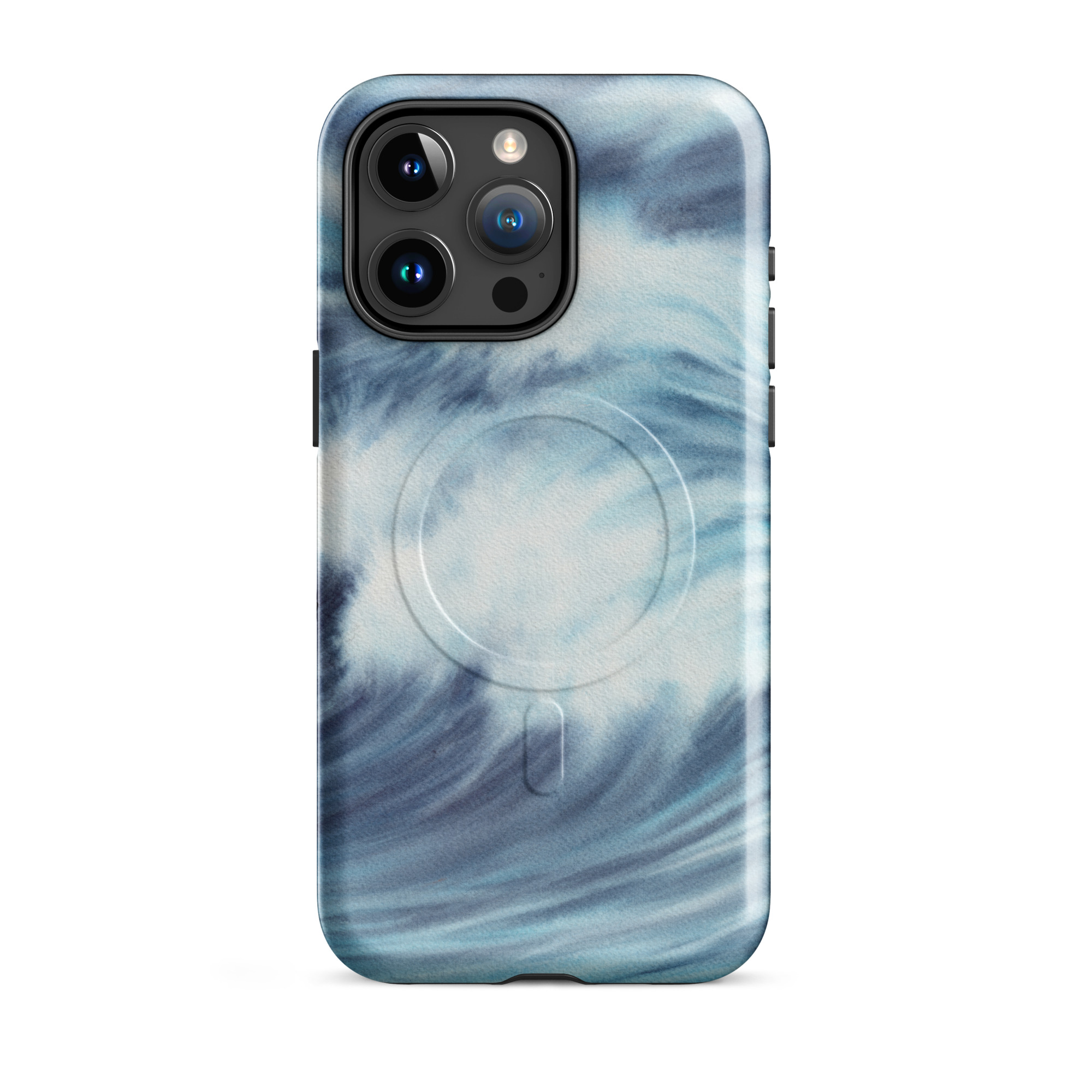 Blue ocean wave watercolor iPhone 15 Pro Max case with MagSafe, glossy finish