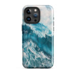 Turquoise blue ocean wave watercolor iPhone 15 Pro Max case with MagSafe, glossy finish