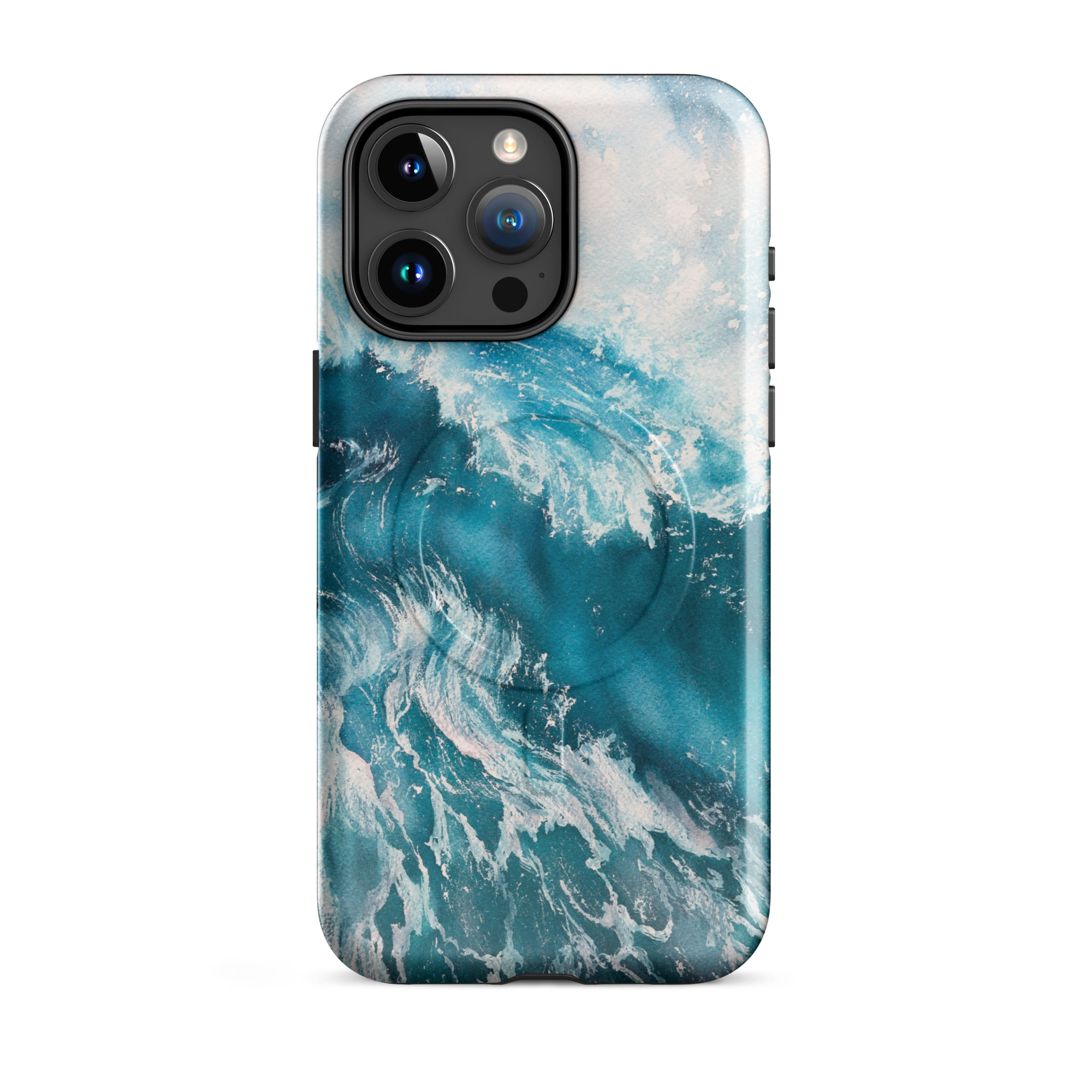 Turquoise blue ocean wave watercolor iPhone 15 Pro Max case with MagSafe, glossy finish
