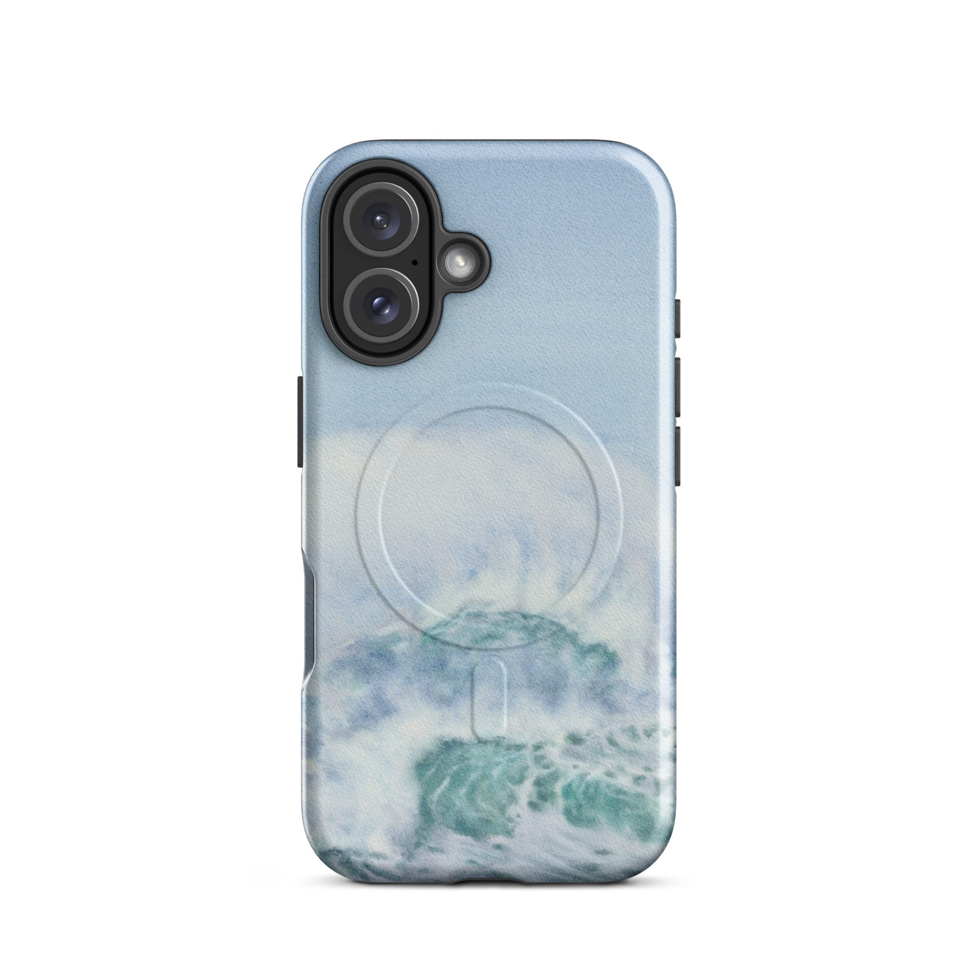 Turquoise blue wave ocean watercolor iPhone 16 case with MagSafe, glossy finish