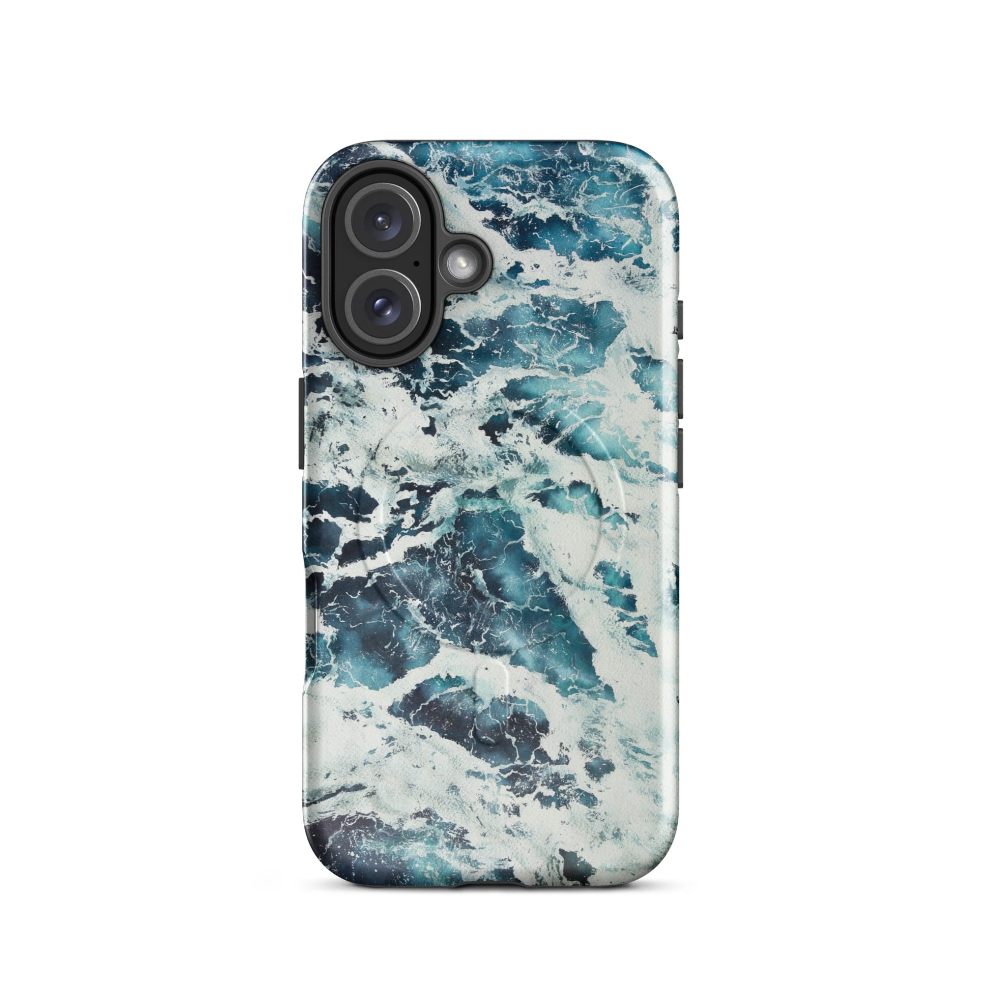 Deep blue turquoise ocean watercolor iPhone 16 case with MagSafe, glossy finish