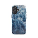 Deep blue ocean watercolor iPhone 16 case with MagSafe, glossy finish