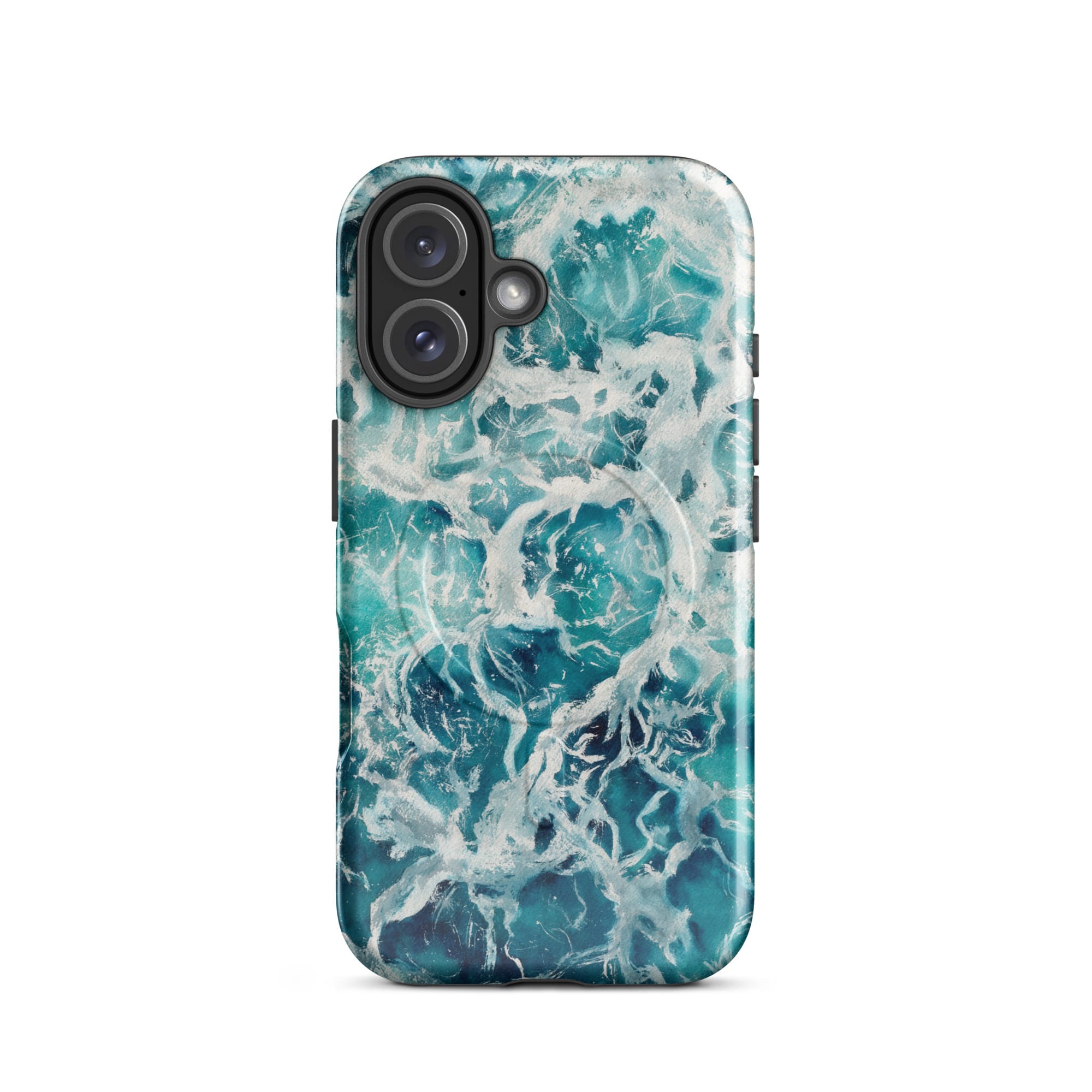 Blue green ocean watercolor iPhone 16 case with MagSafe, glossy finish
