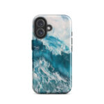 Turquoise blue ocean wave watercolor iPhone 16 case with MagSafe, glossy finish