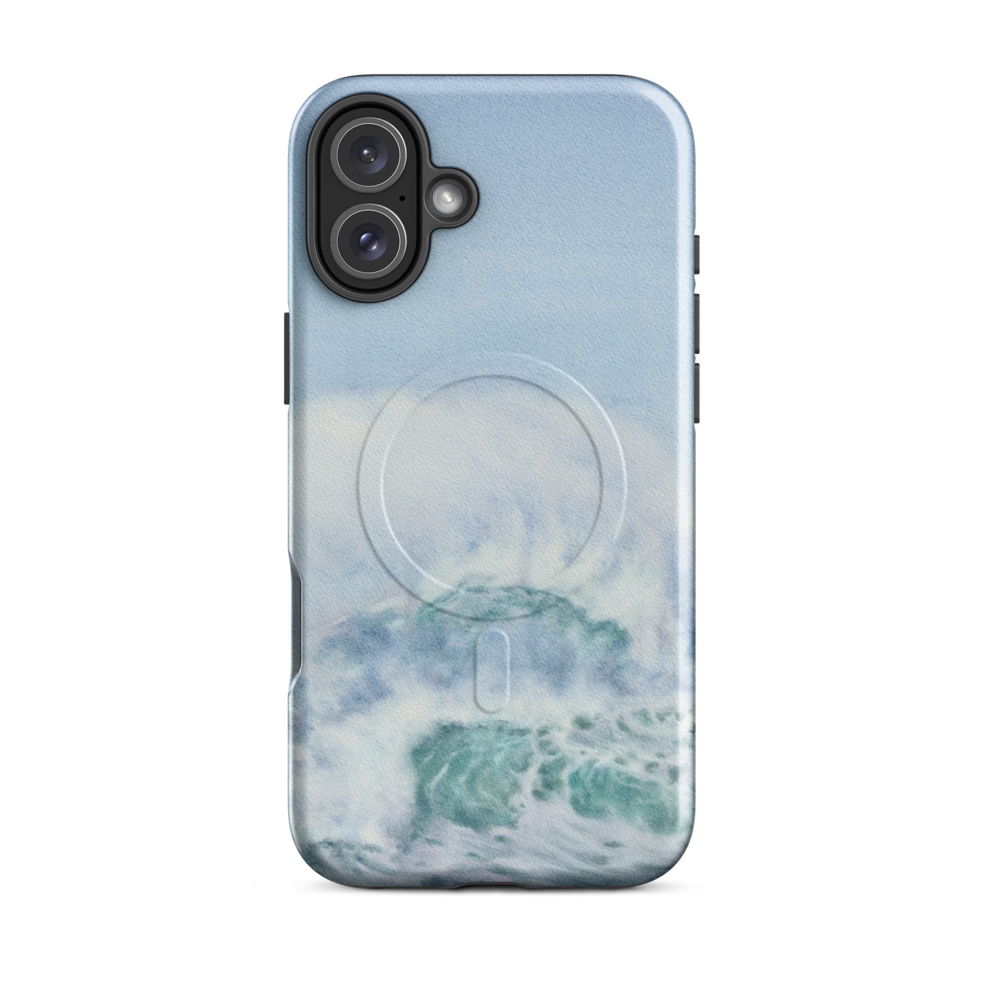 Turquoise blue wave ocean watercolor iPhone 16 Plus case with MagSafe, glossy finish