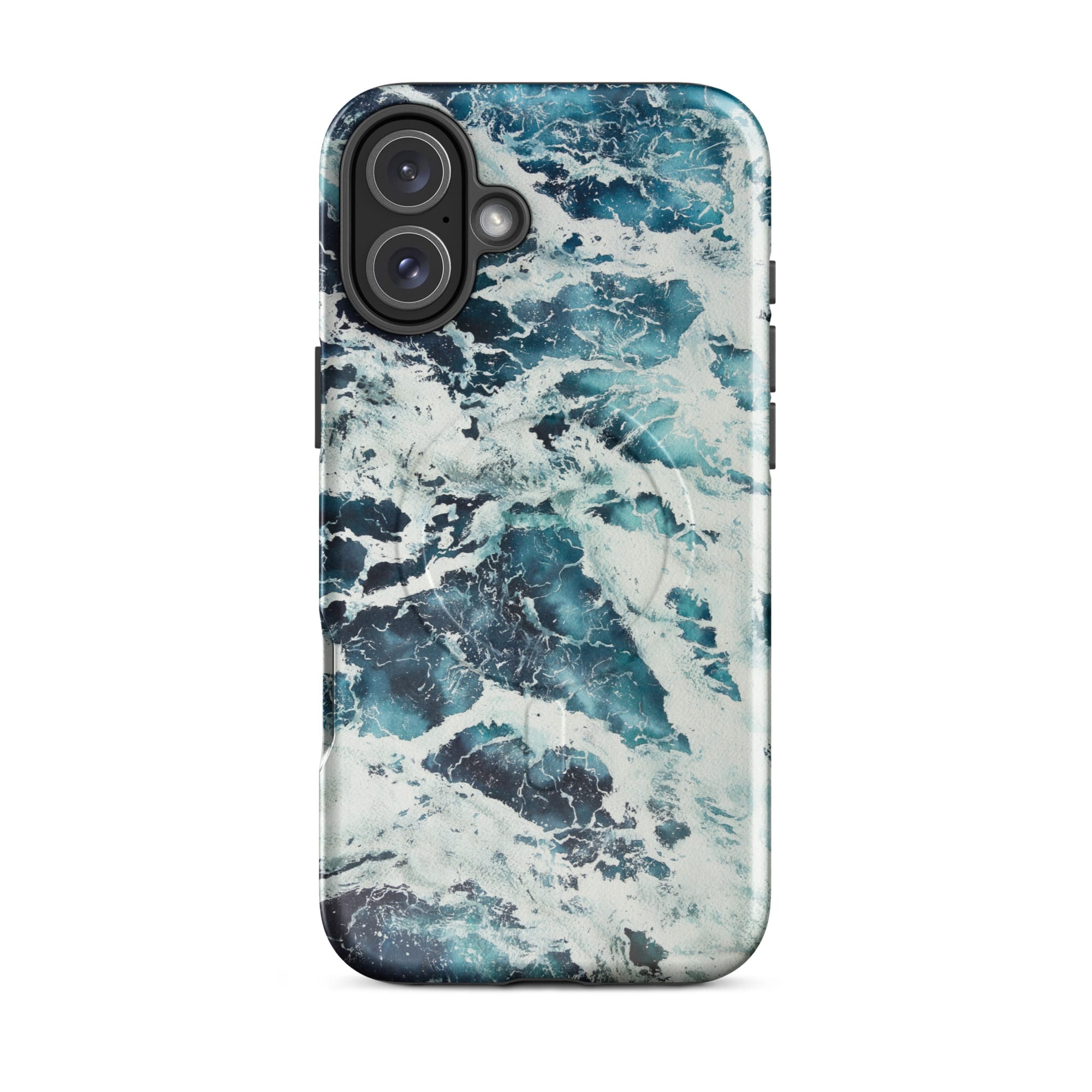 Deep blue turquoise ocean watercolor iPhone 16 Plus case with MagSafe, glossy finish