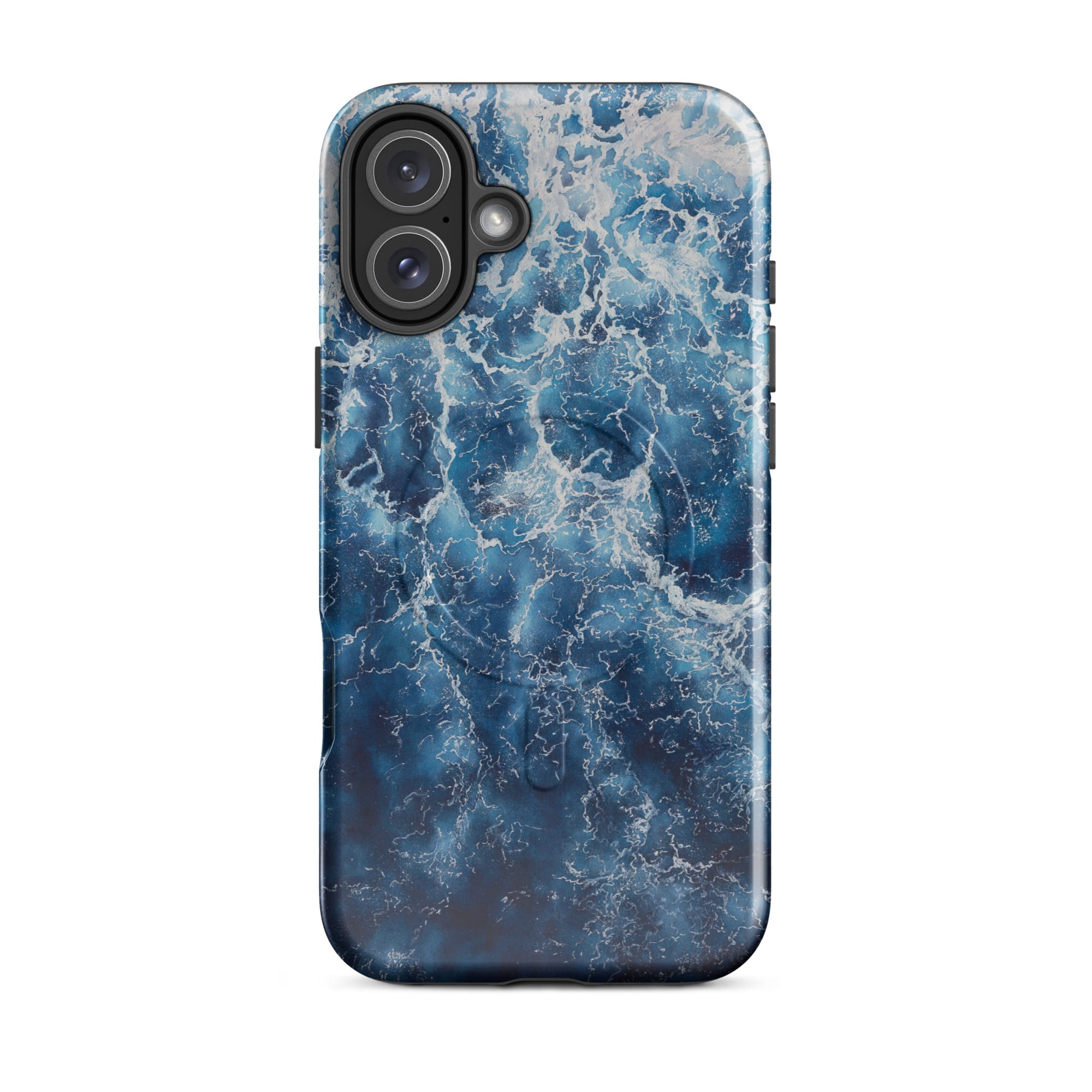 Deep blue ocean watercolor iPhone 16 Plus case with MagSafe, glossy finish