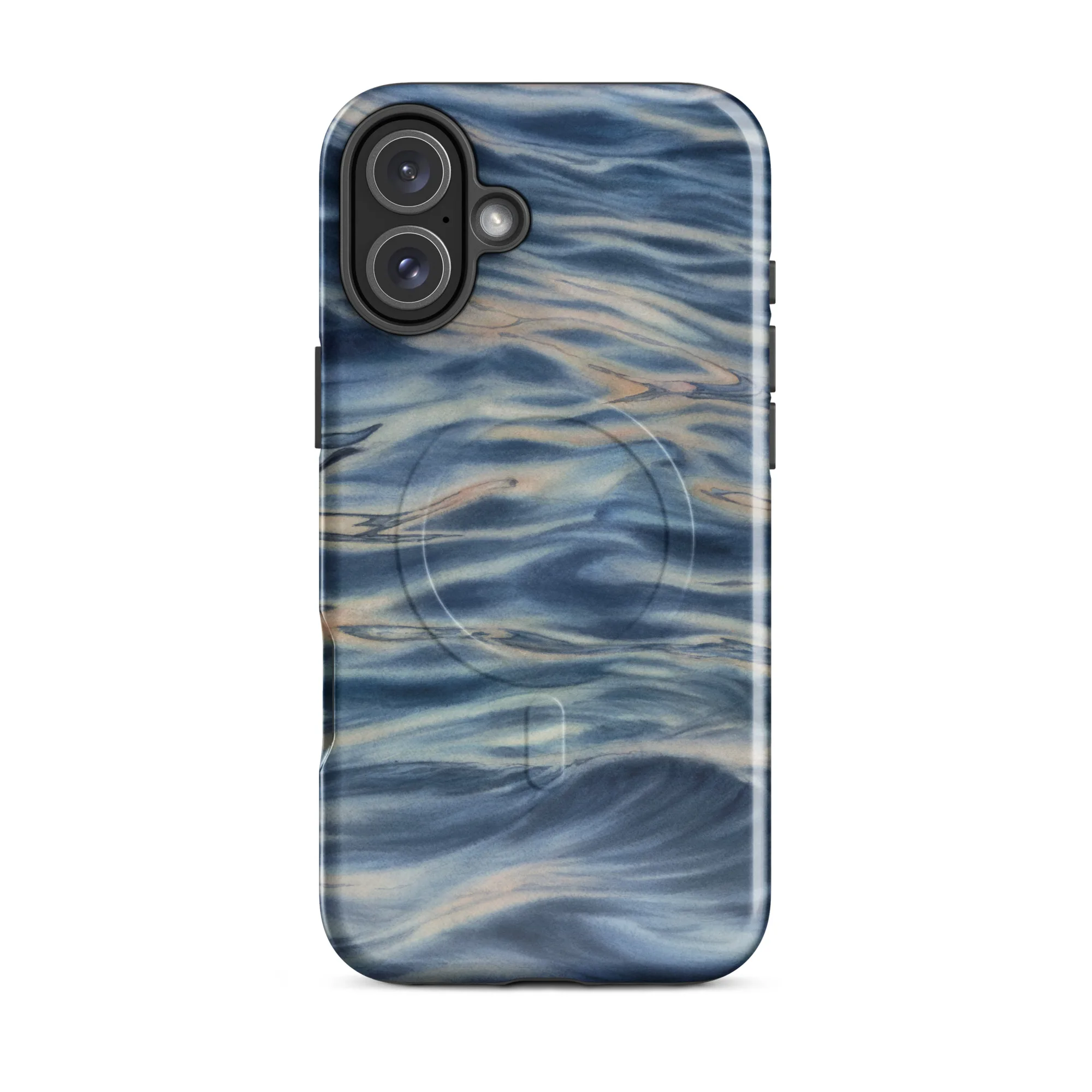 Blue grey ocean watercolor iPhone 16 Plus case with MagSafe, glossy finish