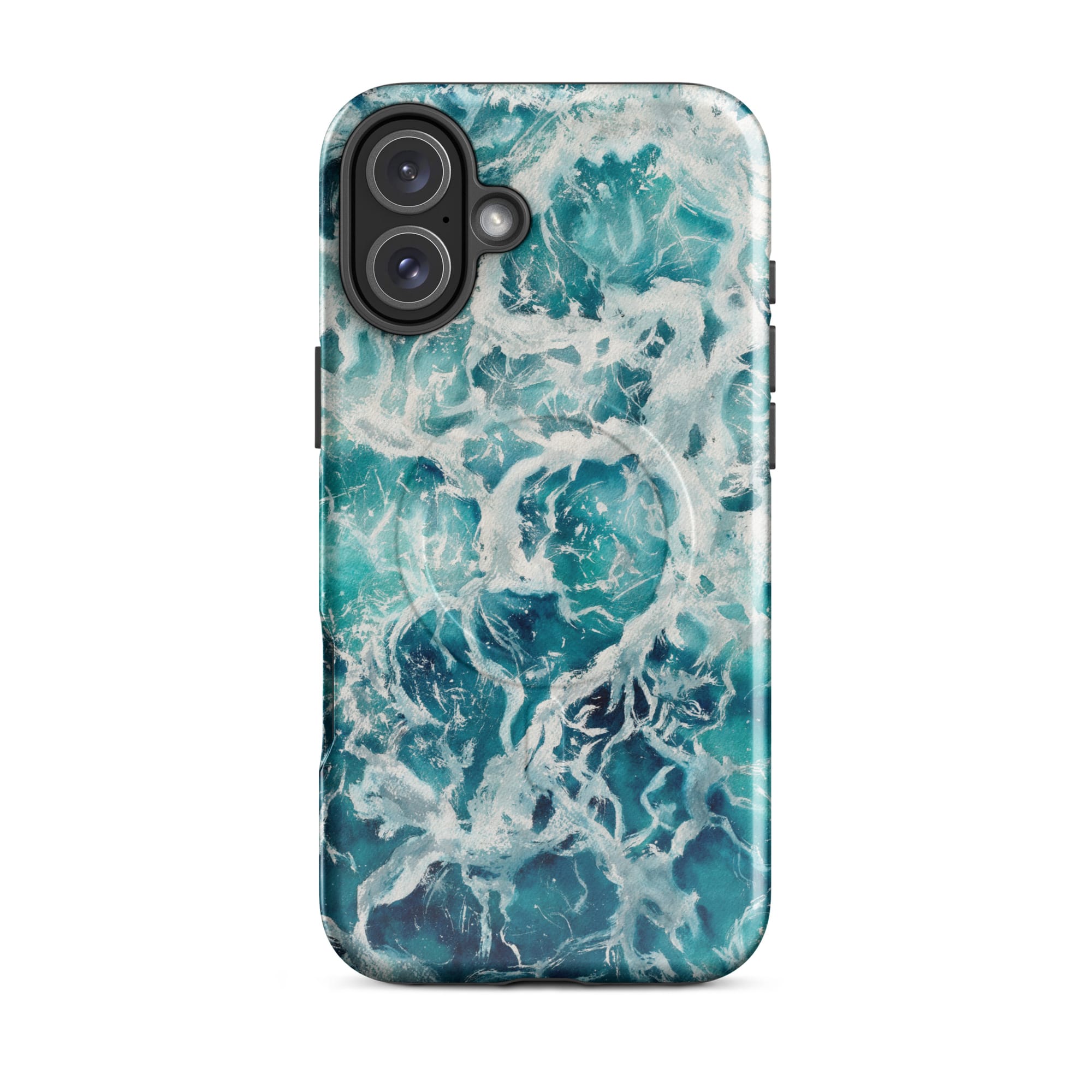 Blue green ocean watercolor iPhone 16 Plus case with MagSafe, glossy finish