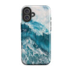 Turquoise blue ocean wave watercolor iPhone 16 Plus case with MagSafe, glossy finish