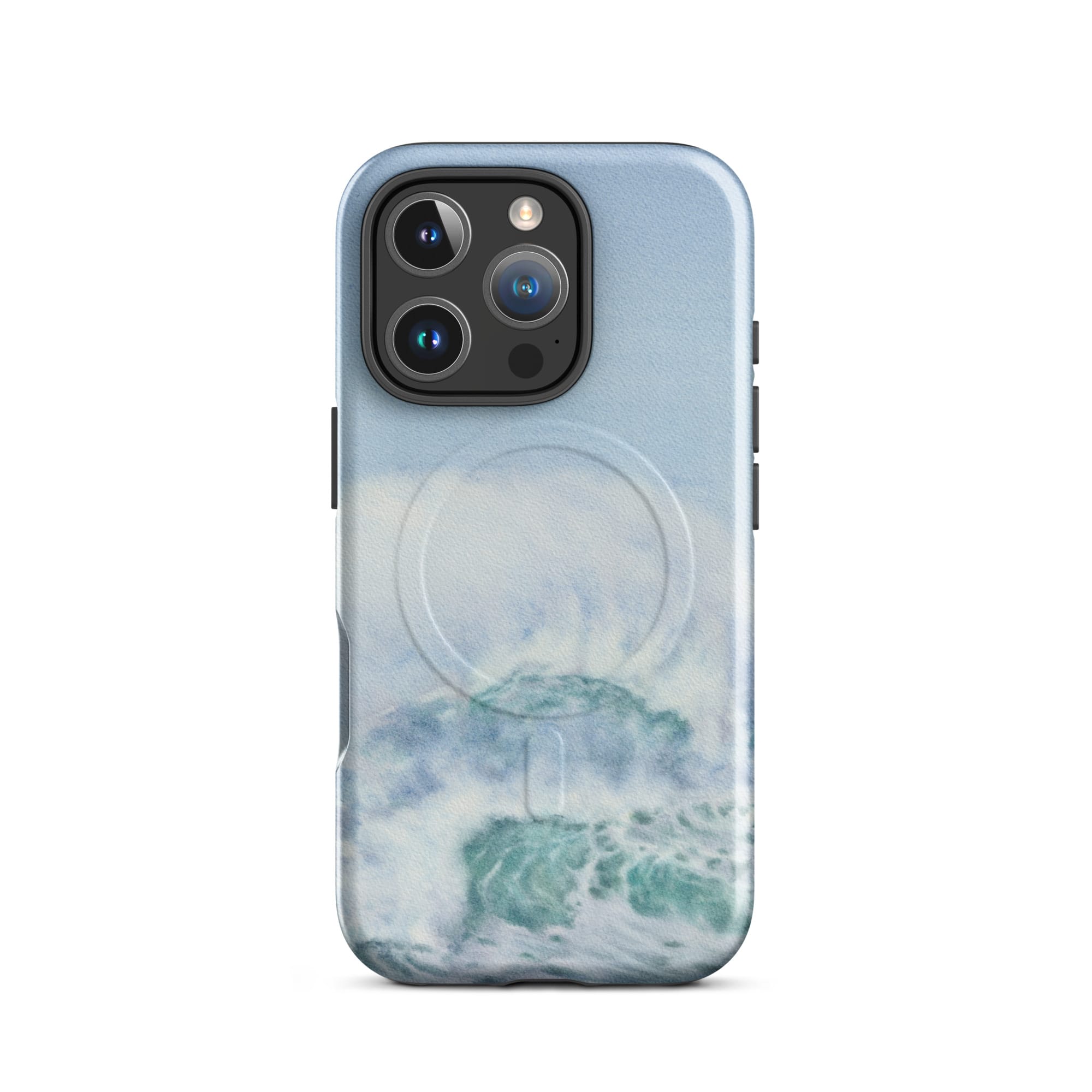 Turquoise blue wave ocean watercolor iPhone 16 Pro case with MagSafe, glossy finish