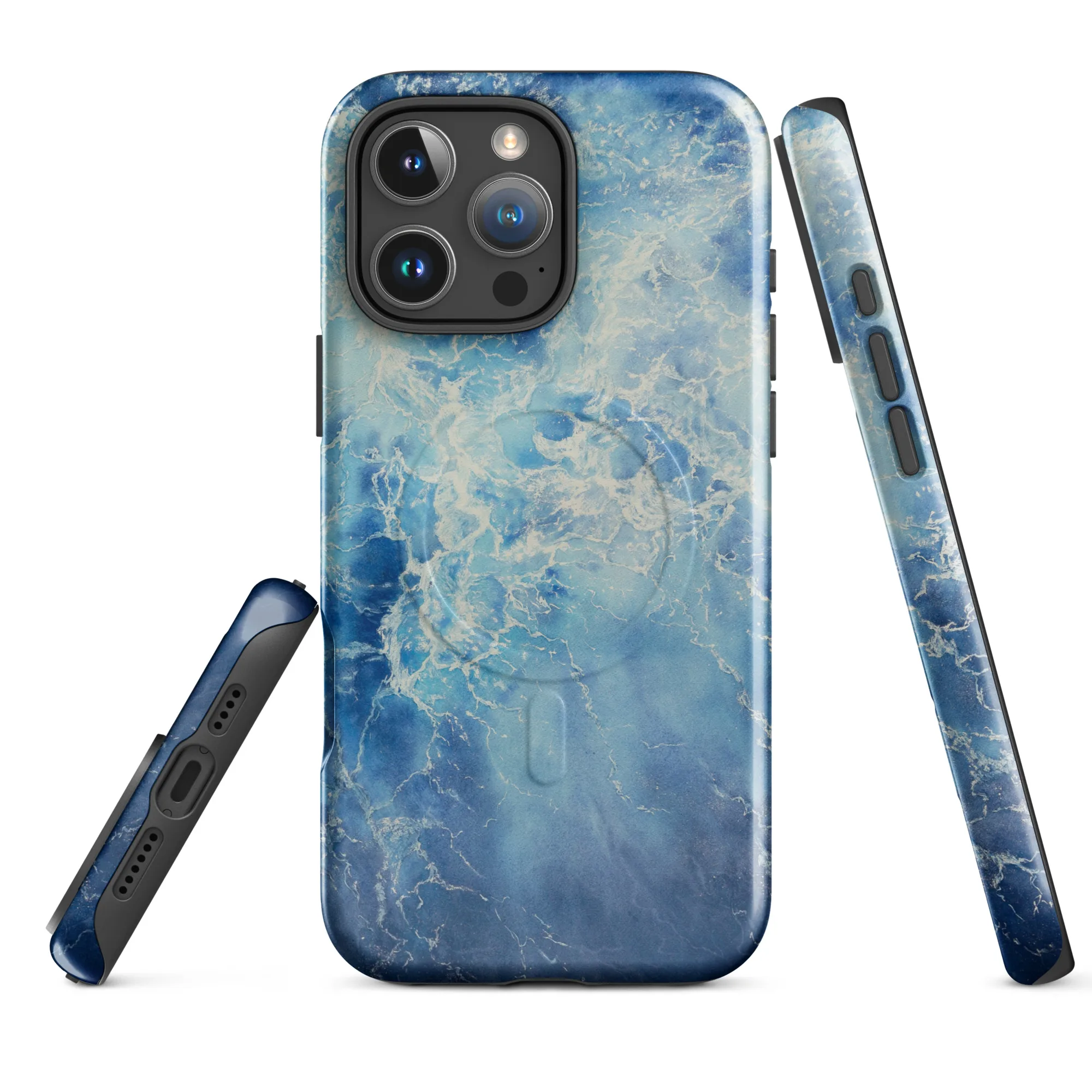Blue Ocean MagSafe iPhone case showing front, back and side views
