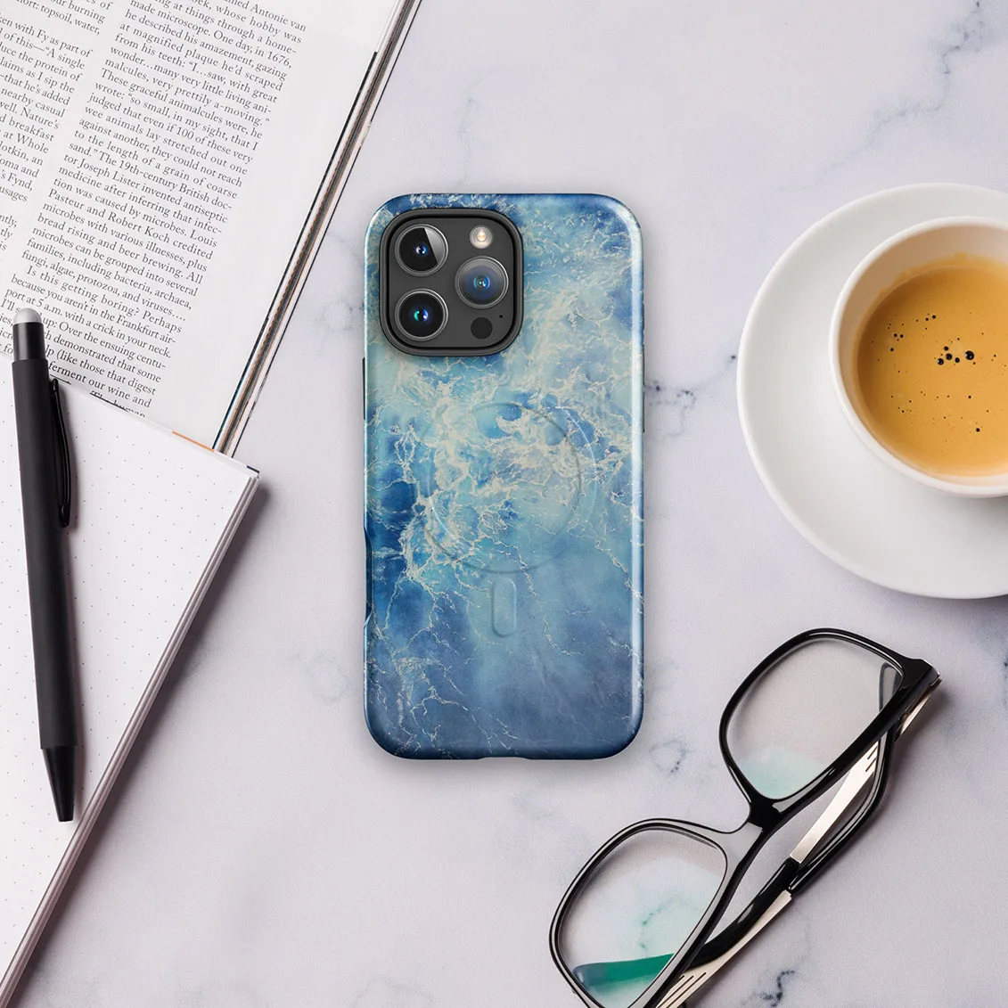 Ocean art iPhone case with blue watercolor sea design