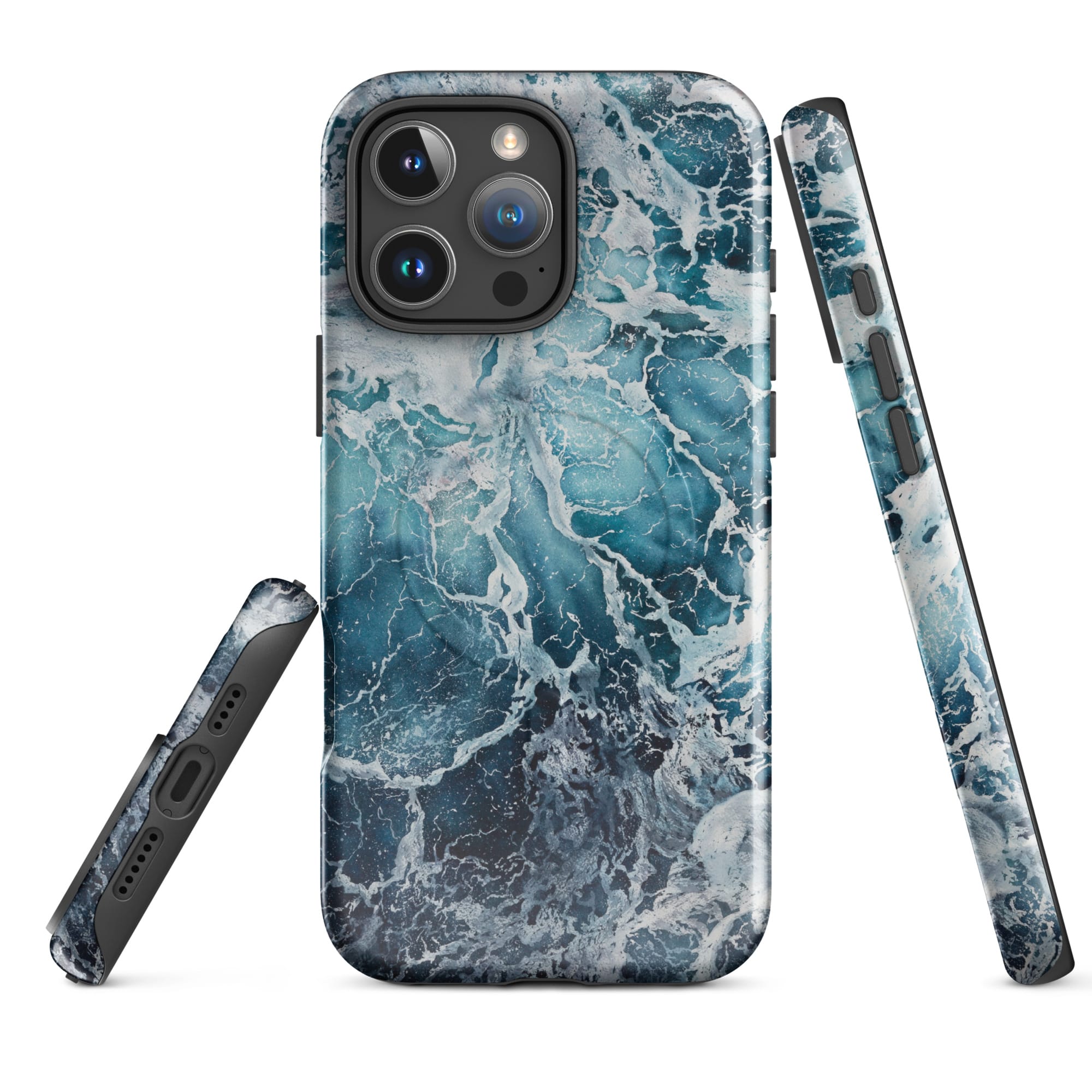 Blue Ocean MagSafe iPhone case showing front, back and side views