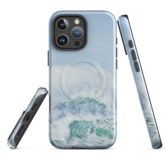 Turquoise blue wave ocean watercolor MagSafe iPhone case showing front, back and side views