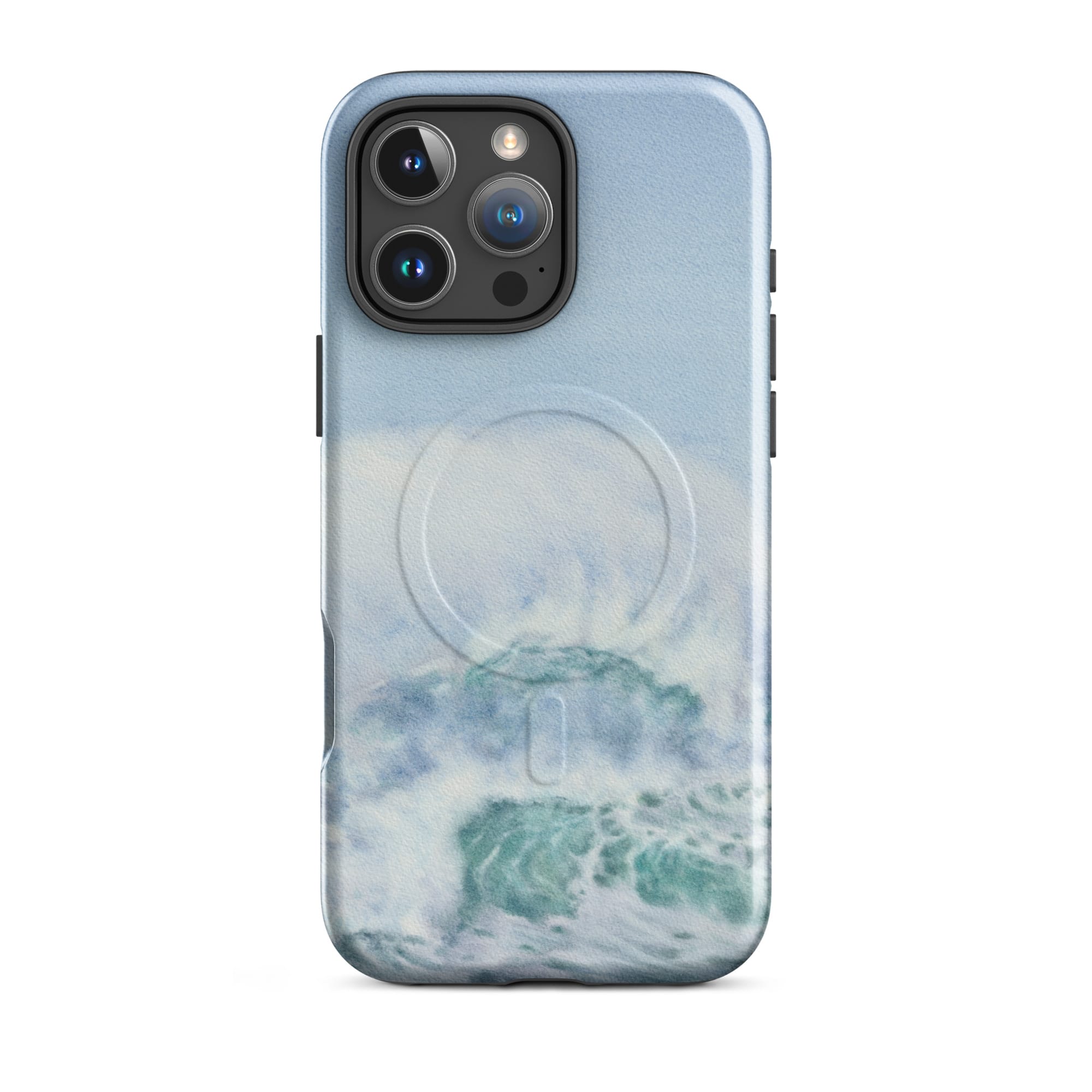 Turquoise blue wave ocean watercolor iPhone 16 Pro Max case with MagSafe, glossy finish