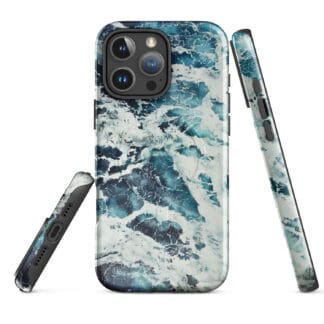 Deep blue turquoise ocean watercolor MagSafe iPhone case showing front, back and side views