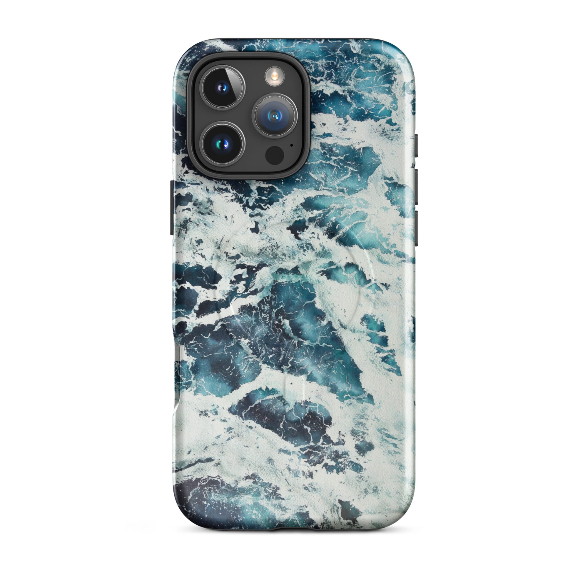 Deep blue turquoise ocean watercolor iPhone 16 Pro Max case with MagSafe, glossy finish
