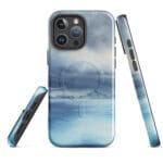 Stormy blue grey ocean watercolor MagSafe iPhone case showing front, back and side views