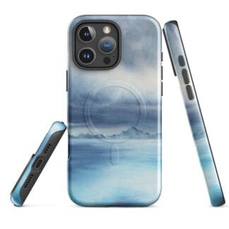 Stormy blue grey ocean watercolor MagSafe iPhone case showing front, back and side views