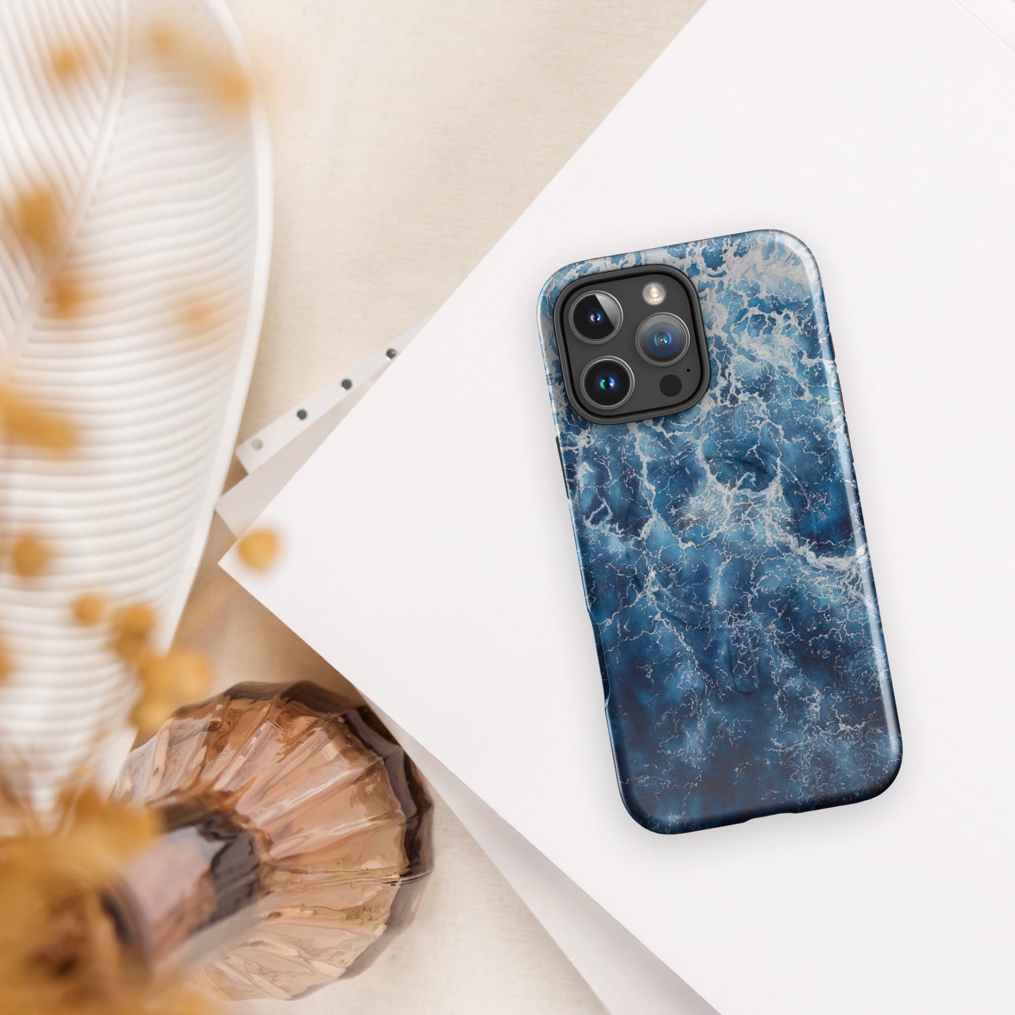 Deep blue ocean wave iPhone case with white sea foam