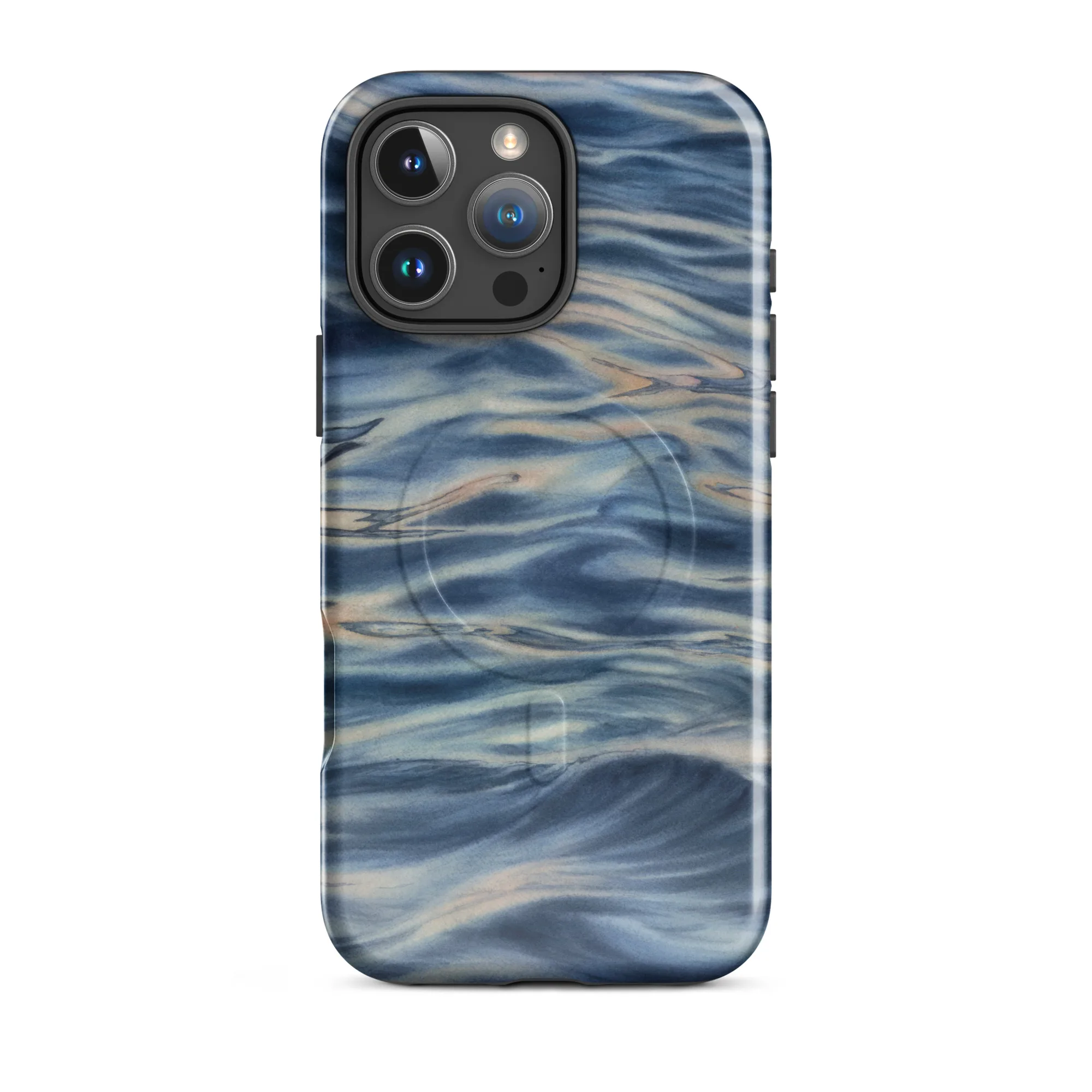 Blue grey ocean watercolor iPhone 16 Pro Max case with MagSafe, glossy finish