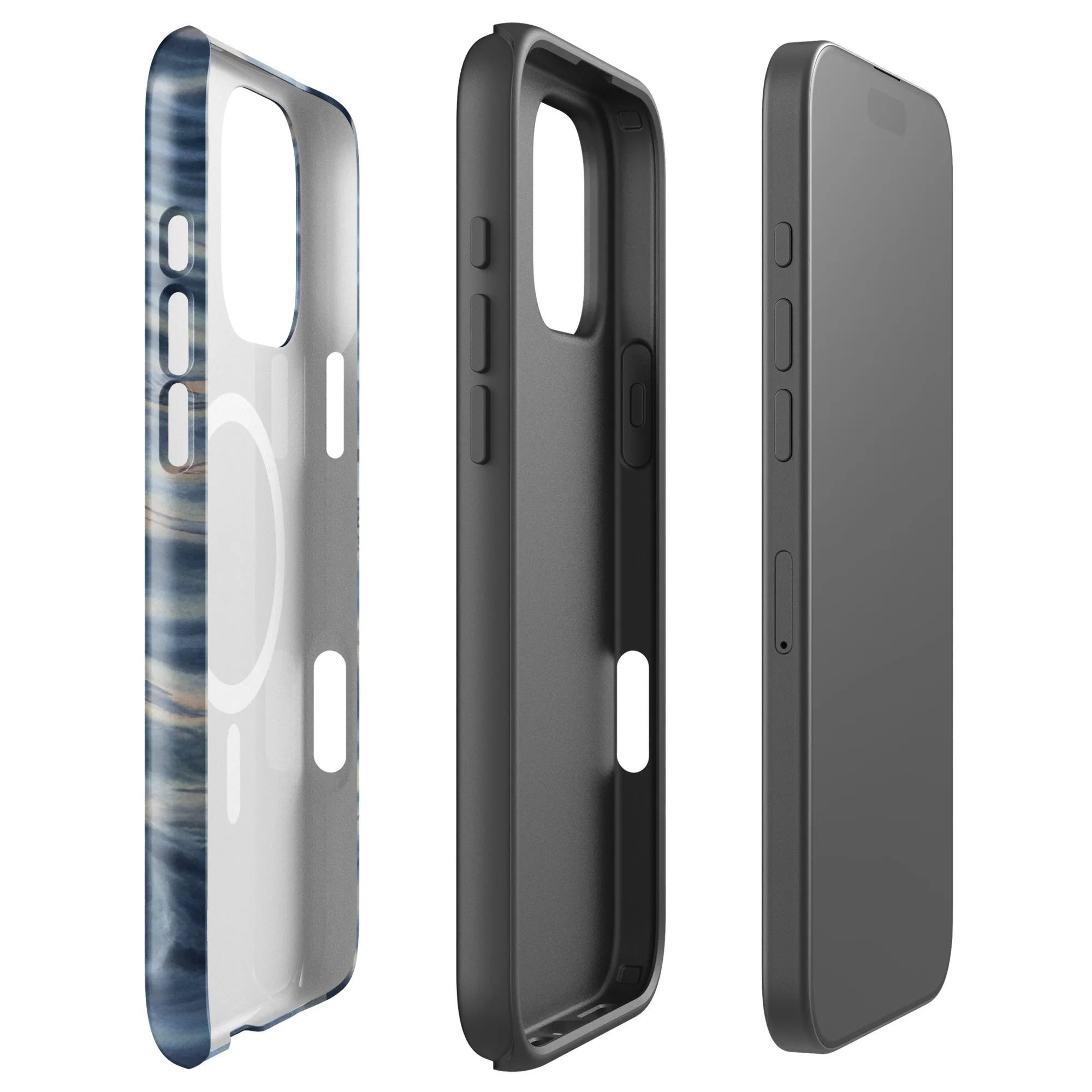 Dual-layer blue grey ocean watercolor MagSafe iPhone case with polycarbonate shell and TPU inner liner