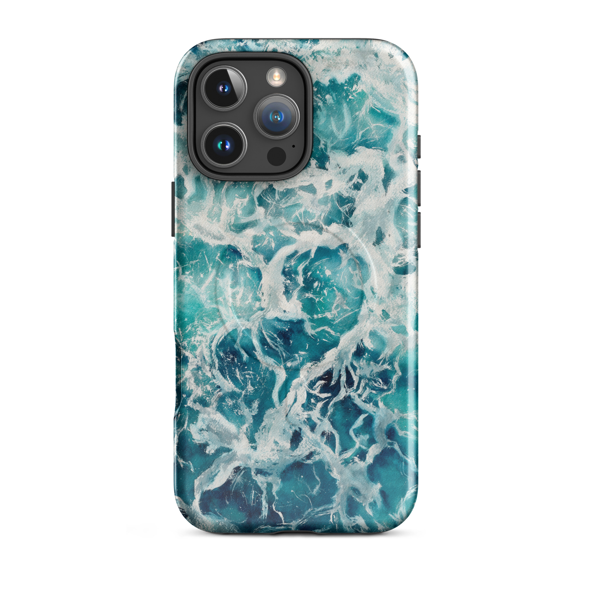 Blue green ocean watercolor iPhone 16 Pro Max case with MagSafe, glossy finish