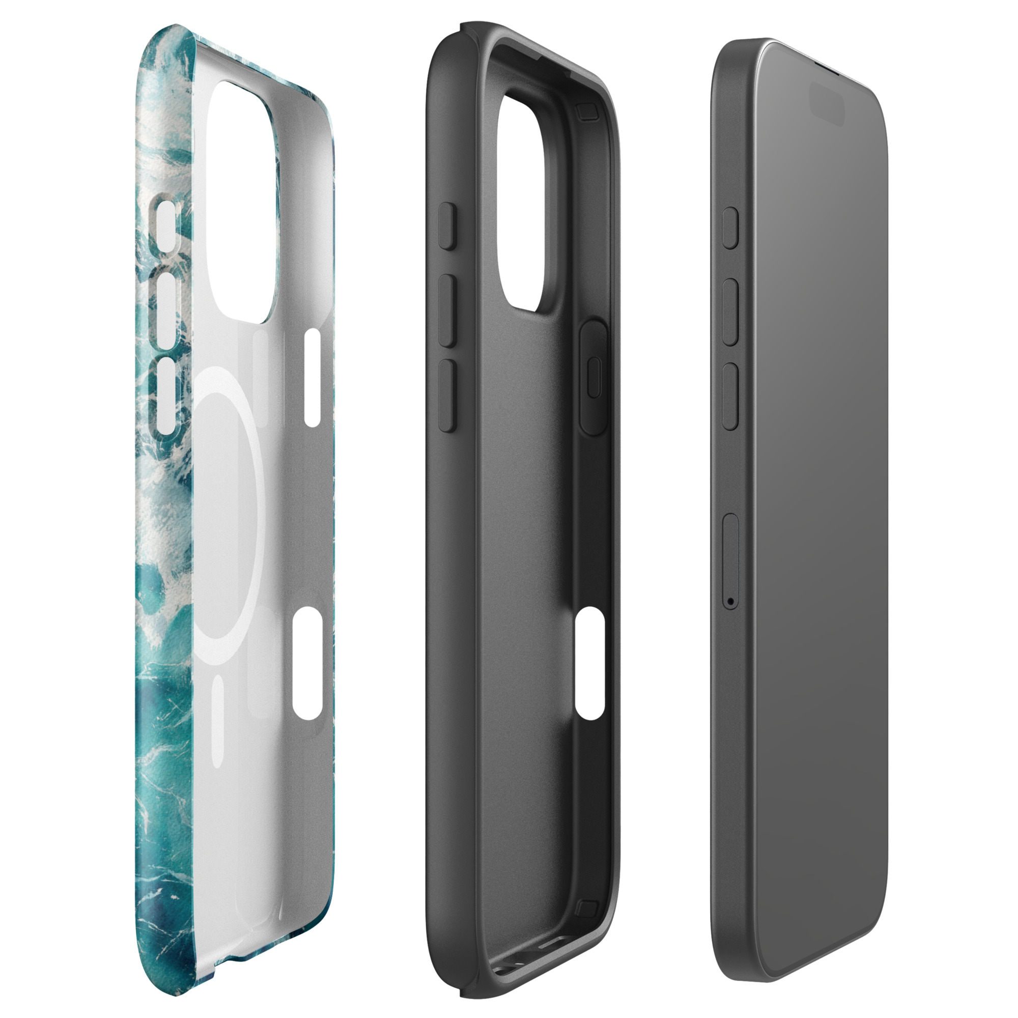 Dual-layer blue green ocean watercolor MagSafe iPhone case with polycarbonate shell and TPU inner liner