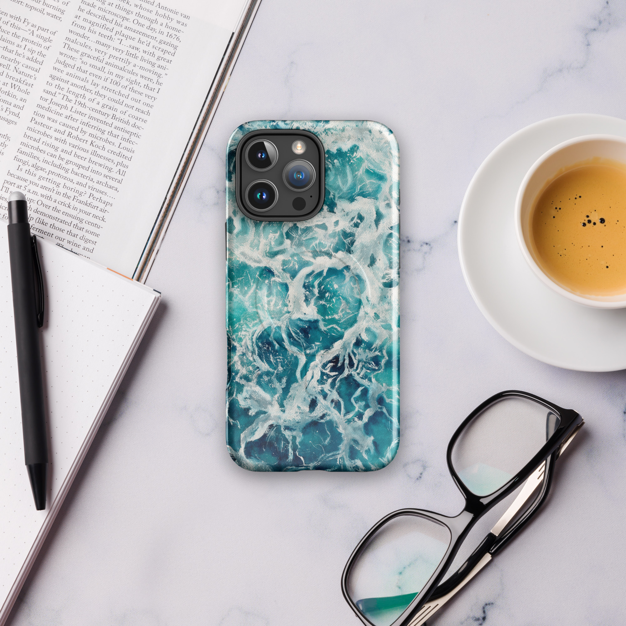 Blue green turquoise ocean surface watercolor artwork printed on a MagSafe iPhone case