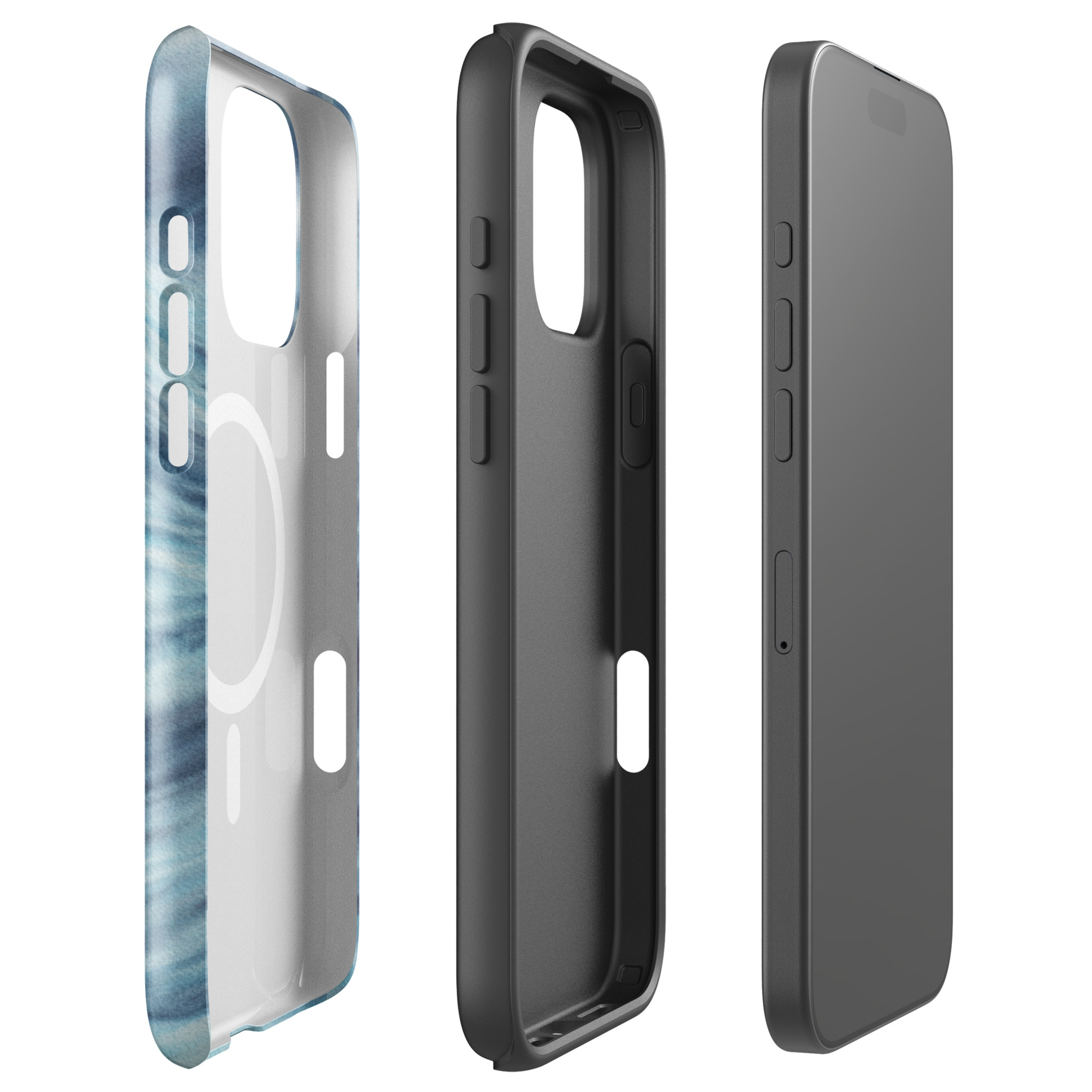Dual-layer blue ocean wave watercolor MagSafe iPhone case with polycarbonate shell and TPU inner liner